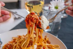 Vinny's Food Pasta Bolognese on fork